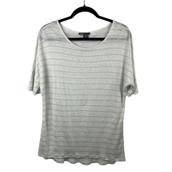 Vince Linen T-Shirt, White Green Stripe, 100% Linen, Lightweight Classic Tee - Picture 1 of 8